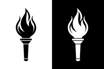 Burning Torch Vector Icon Clean Silhouette on Black and White Background.