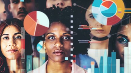 Diverse group of people with thoughtful expressions, surrounded by questionnaires and charts, symbolizing consumer survey insights and market research analysis.