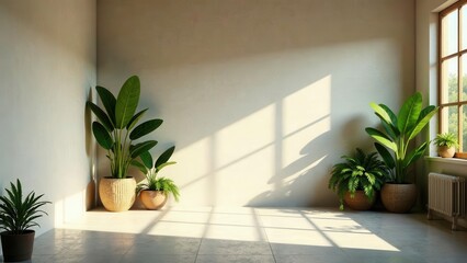 Fototapeta premium Sunlit Room Corner with Potted Plants and Empty Wall Space