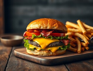 A Succulent Mouthwatering Cheeseburger with Fresh Lettuce, Tomato, and Melty Cheese, Perfectly Grilled for an Irresistible Fast-Food Experience - fast foods stock-image