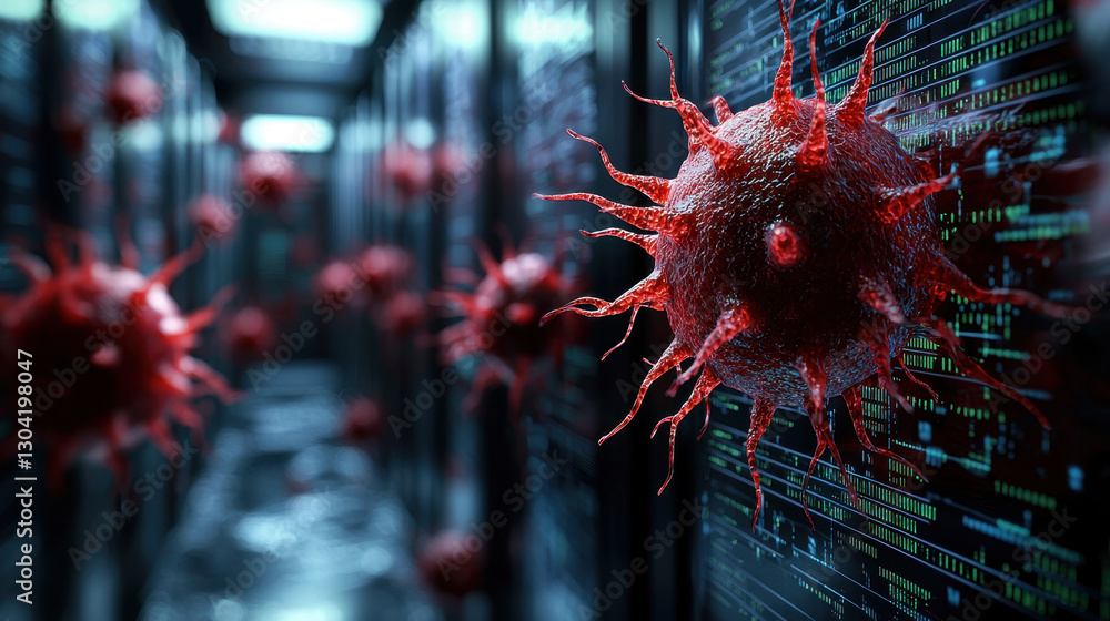 Poster cybersecurity crisis unfolds in high-tech data center with virus warnings and security alerts