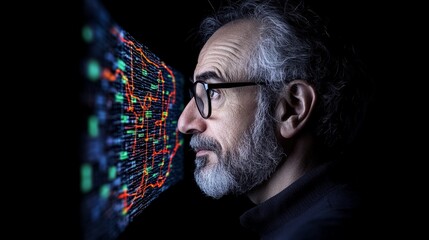 Man Analyzing Data Visualizations on Black Background