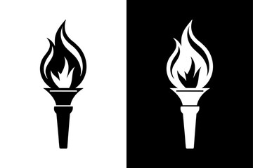 Burning Torch Vector Icon Clean Silhouette on Black and White Background.