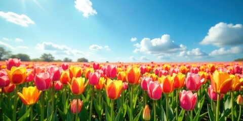 Vibrant Spring Field of Colorful Tulips Blooming Under a Sunny Sky