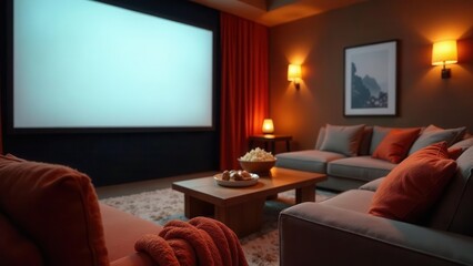 Relaxing Evening in a Home Theater with Warm Lighting and Cozy Accents
