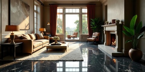 Sunlit Living Room with Elegant Fireplace and Expansive Windows Offering a Tranquil View