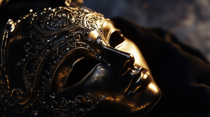 Obraz premium Close-Up of an Elegant Gold and Black Venetian Mask with Ornate Details