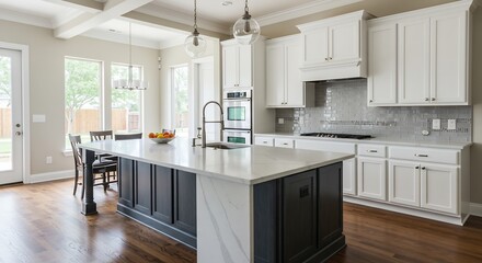 Brightly lit modern kitchen boasts spacious island sleek white cabinetry warm hardwood floors. AI Generated