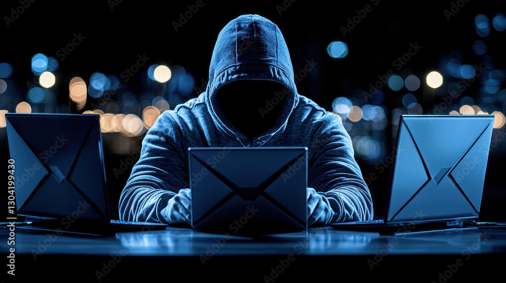 Aufkleber hacker silhouette reflected on computer screen as user hovers over suspicious email in a neon-lit en