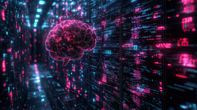 Surreal cybernetic brain navigating through a vast digital vault filled with shifting encrypted codes and glowing particles