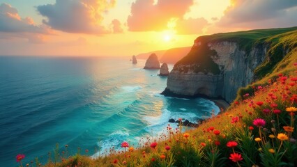Serene coastal sunset vista, wildflowers blooming on cliffside overlooking ocean waves crashing against dramatic rock formations