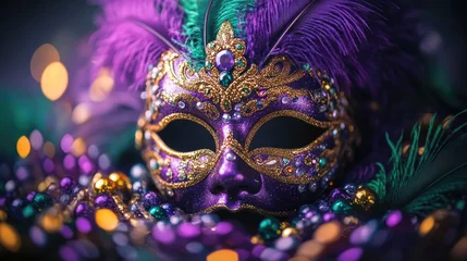 Printed kitchen splashbacks Vibrant purple carnival mask with feathers and glittering jewels. Mardi Gras, Fat Tuesday, Carnival Season. Bright Parades, Masks, Festive Costumes, Vibrant Atmosphere