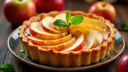 A delectable apple tart, featuring a delicate pastry crust and a vibrant arrangement of thinly sliced apples, artfully presented on a rustic plate, garnished with fresh mint for a touch of elegance.