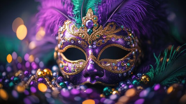 Vibrant purple carnival mask with feathers and glittering jewels. Mardi Gras, Fat Tuesday, Carnival Season. Bright Parades, Masks, Festive Costumes, Vibrant Atmosphere