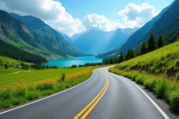 Naklejka premium Serene Winding Road Through a Picturesque Mountain Valley Beside a Calm Lake on a Sunny Day