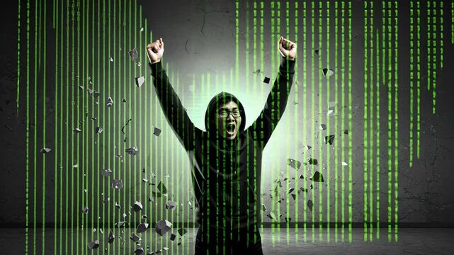 Cybersecurity Success, Hacker Breaching Digital Wall with Matrix Code Effect