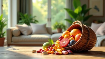 Fototapeta premium Sunlit Living Room Scene with Overflowing Basket of Fresh Fruit and Supplements