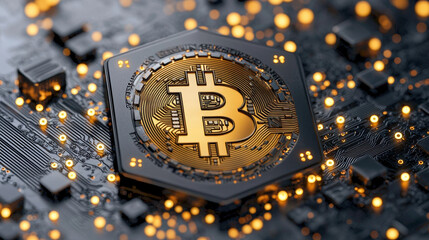 Futuristic AI technology protects Bitcoin wallets with a glowing firewall and blockchain encryption in a high-tech atmosphere