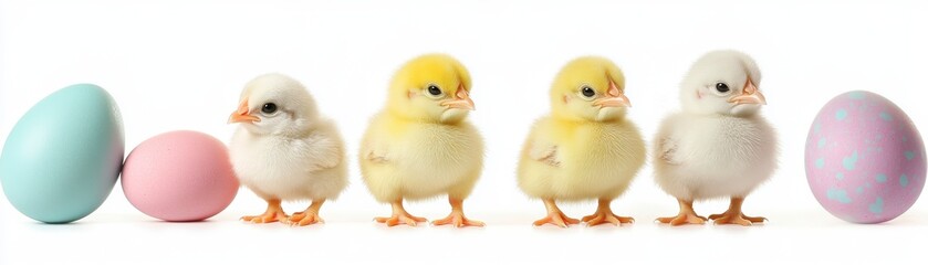 Fototapeta premium Five Fluffy Baby Chicks with Pastel Easter Eggs on White Background