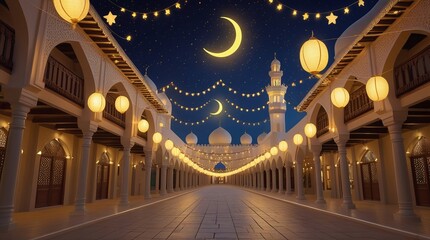 Obraz premium Serene nighttime view of a beautifully lit market with traditional lanterns and a crescent moon in the sky