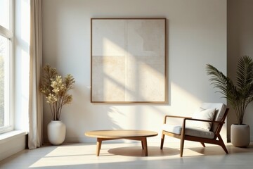 Serene Minimalist Living Room Interior Design Featuring Light Wood Furniture and Neutral Decor