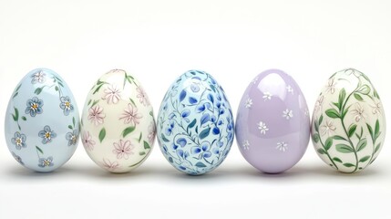 Fototapeta premium Five Pastel Floral Decorated Easter Eggs on White Background