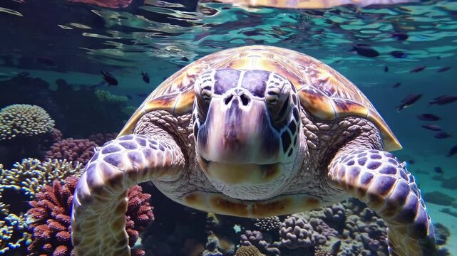 Underwater video of a sea turtle swimming, captured from a low-angle, showcasing its detailed shell and serene ocean environment. Live desktop wallpaper.
