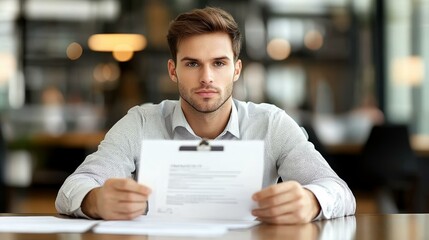 Obraz premium Focused Businessman Reviewing Documents in Cafe