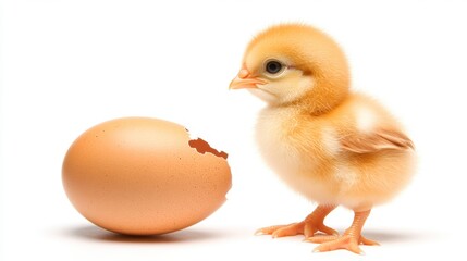 Fluffy Yellow Baby Chick Near Cracked Brown Eggshell on White Background