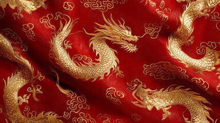 Fototapeta premium A luxurious silk brocade pattern with finely woven golden dragon motifs on deep red fabric
