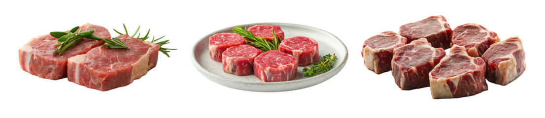 Fototapeta premium Fresh raw meat cuts with herbs, showcasing quality and variety for culinary preparation.