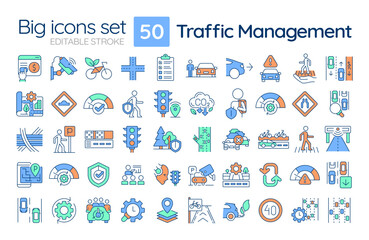Traffic management RGB color icons set. Improve road capacity and safety. Effective transportation regulation. Isolated vector illustrations. Simple filled line drawings collection. Editable stroke