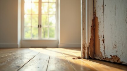 Sunlight Illuminates Damaged Door Frame and Hardwood Floor, Revealing Extensive Wood Decay Requiring Urgent Repair