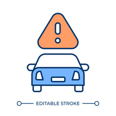 Be careful while driving RGB color icon. Car under exclamation mark. Road danger awareness sign. Transport attention. Isolated vector illustration. Simple filled line drawing. Editable stroke