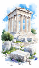 Ancient Greek Temple Watercolor