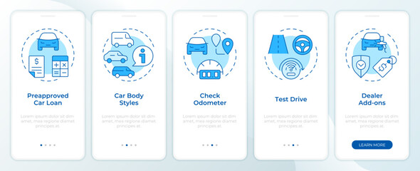 Car buying process blue onboarding mobile app screen. Walkthrough 5 steps editable graphic instructions with linear concepts. UI, UX, GUI template. Montserrat SemiBold, Regular fonts used