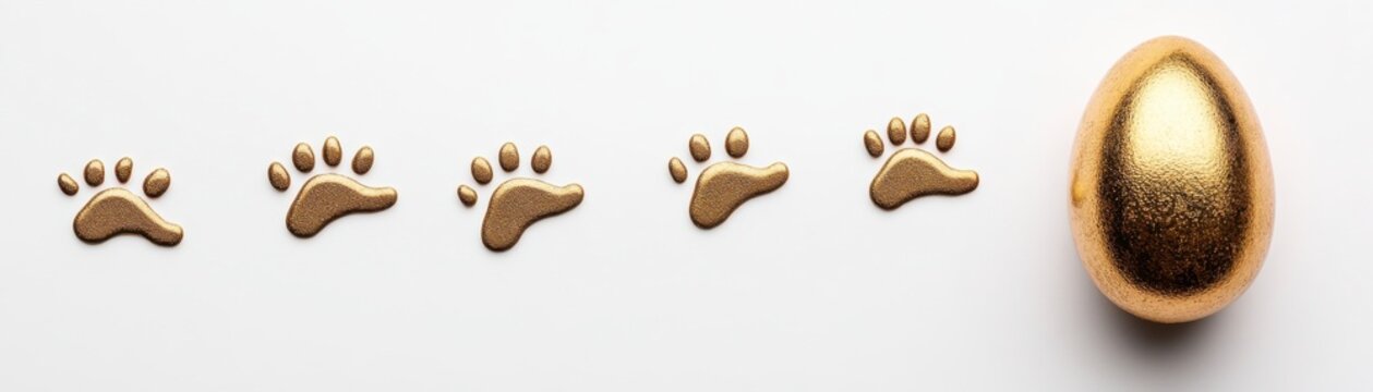 Golden Egg and Paw Prints on White Background