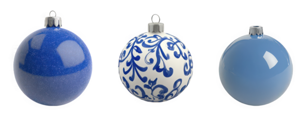 Decorative Christmas ornaments showcase blue hues and intricate designs, enhancing festive spirit.