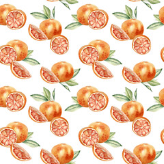 Grapefruits whole and segments by watercolor on repeated pattern isolated. Red oranges and leaves hand drawn. Juicy summer seamless background with citrus in botanical style for packaging, textile.