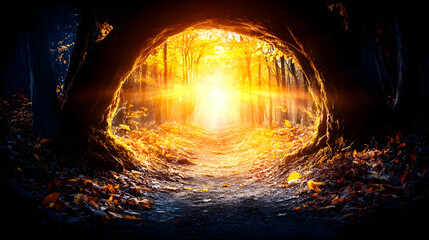 Obraz premium Autumn forest tunnel, sunlit path