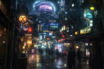Futuristic city alleyway at night with pedestrians and vibrant neon lights