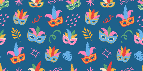 Carnival masks with feathers. Seamless pattern with masquerade and doodle elements. Modern vector background.
