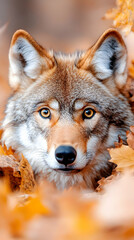 Fototapeta premium Autumn Wolf Portrait in Leaves