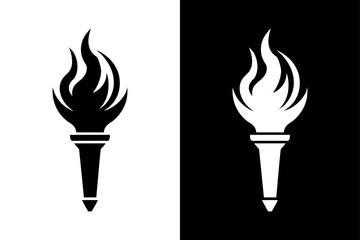 Minimalist Flame Torch Silhouette Vector Icon Black and White Background.