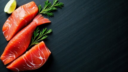High-quality image of fresh salmon fillets arranged artfully on a dark surface with lime and herbs