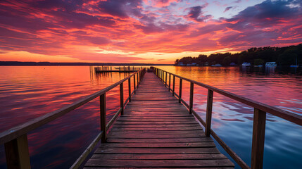 Obraz premium Breathtaking sunset paints the sky and reflects on tranquil waters near a serene lakeside