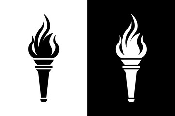 Minimalist Flame Torch Silhouette Vector Icon Black and White Background.