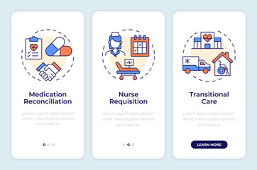 Care transitions onboarding mobile app screen. Medicine. Walkthrough 3 steps editable graphic instructions with linear concepts. UI, UX, GUI template. Montserrat SemiBold, Regular fonts used