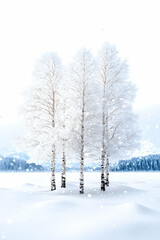 Fototapeta premium Birch trees, snow covered, stand in serene, wintery, idyllic frozen landscape