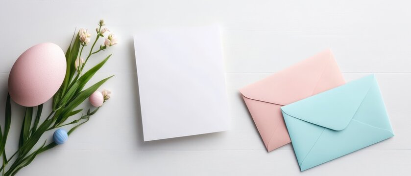 Pastel Easter Eggs and Flowers with Blank Card and Envelopes
